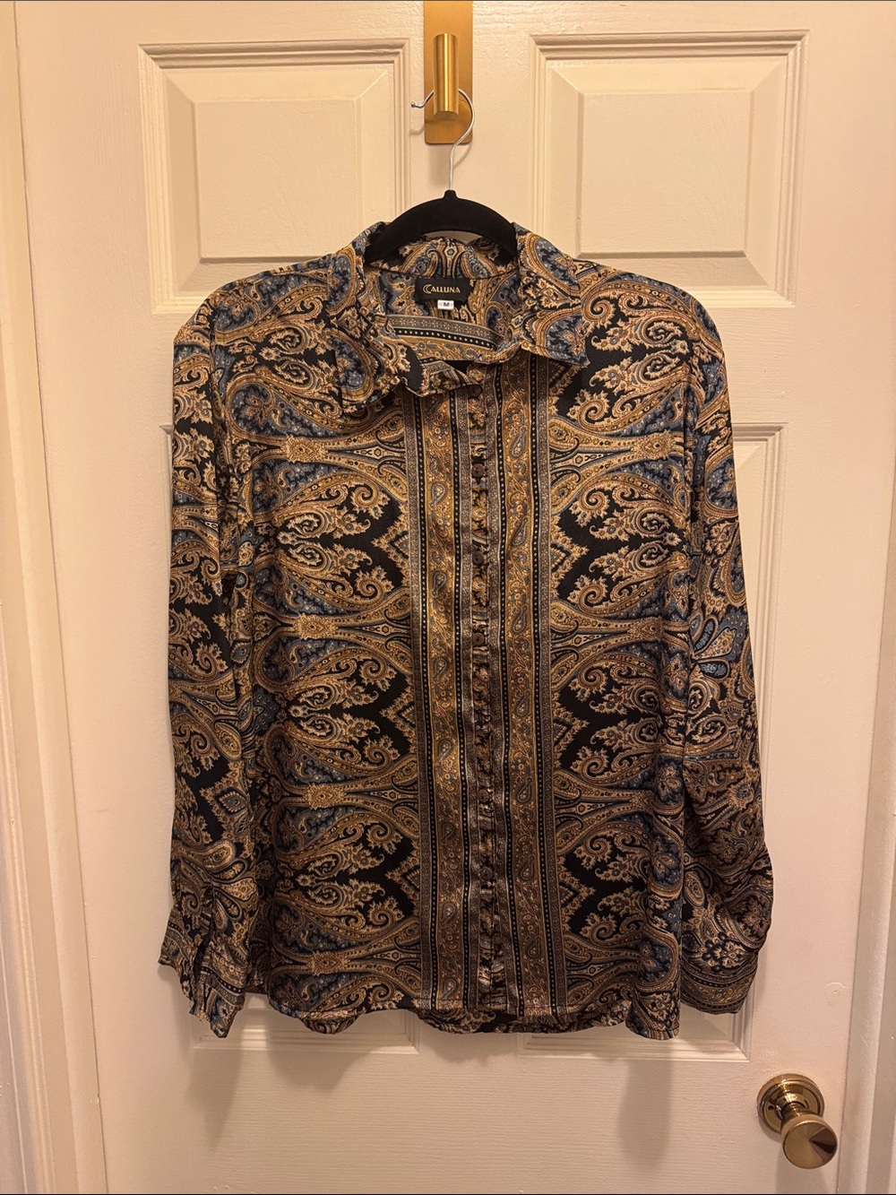 CALlUNA Black Paisley Button-Down Shirt with Gold & Blue Accents